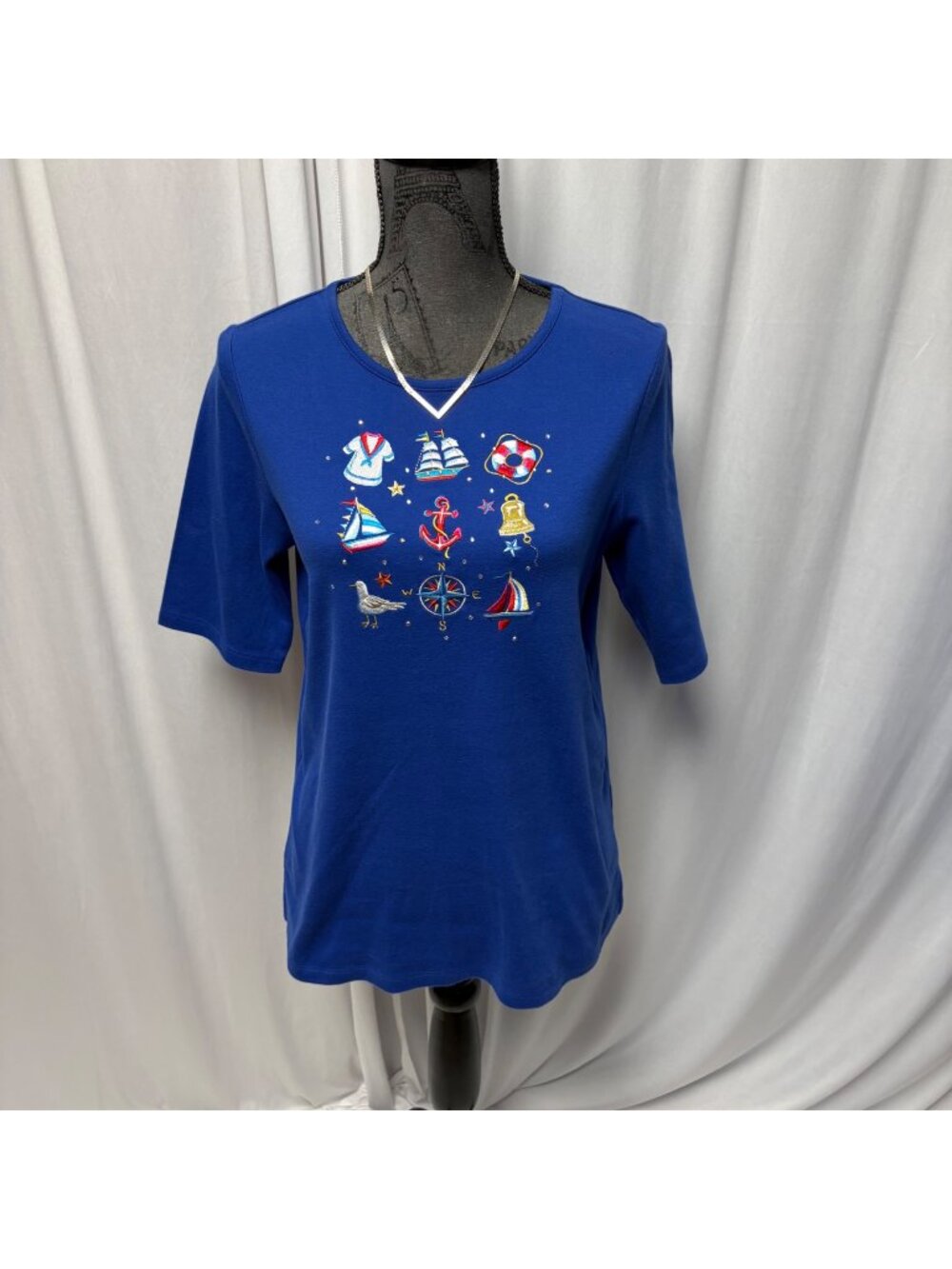 Quacker Factory Top Womens Size Small Nautical Embroidered Blue Short Sleeve